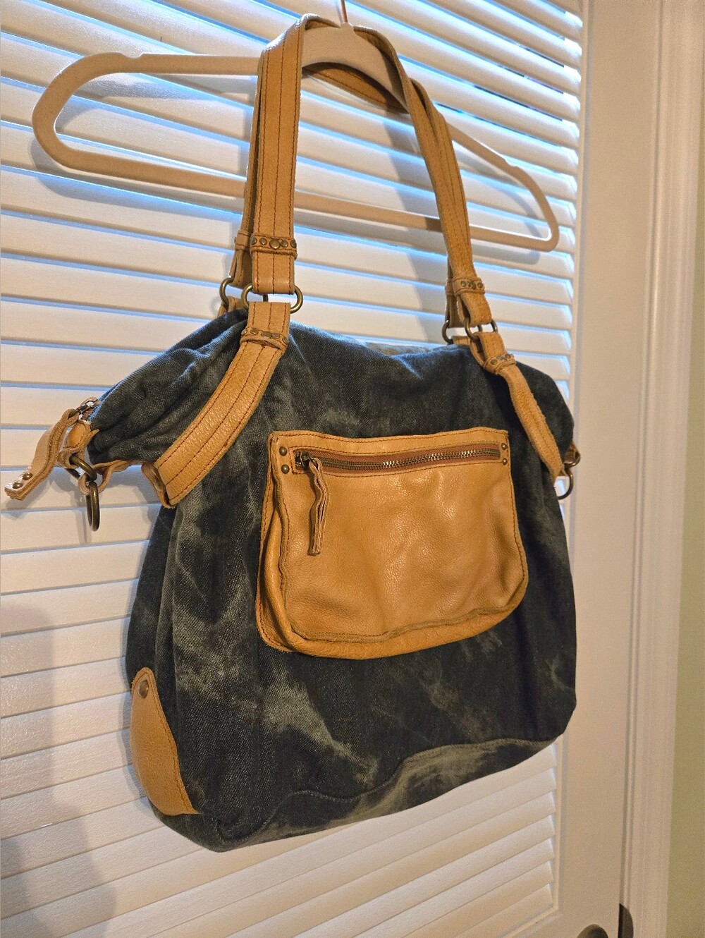 Schuler & Sons Anthropologie Tie-dyed Canvas Shoulder bag purse Tan leather